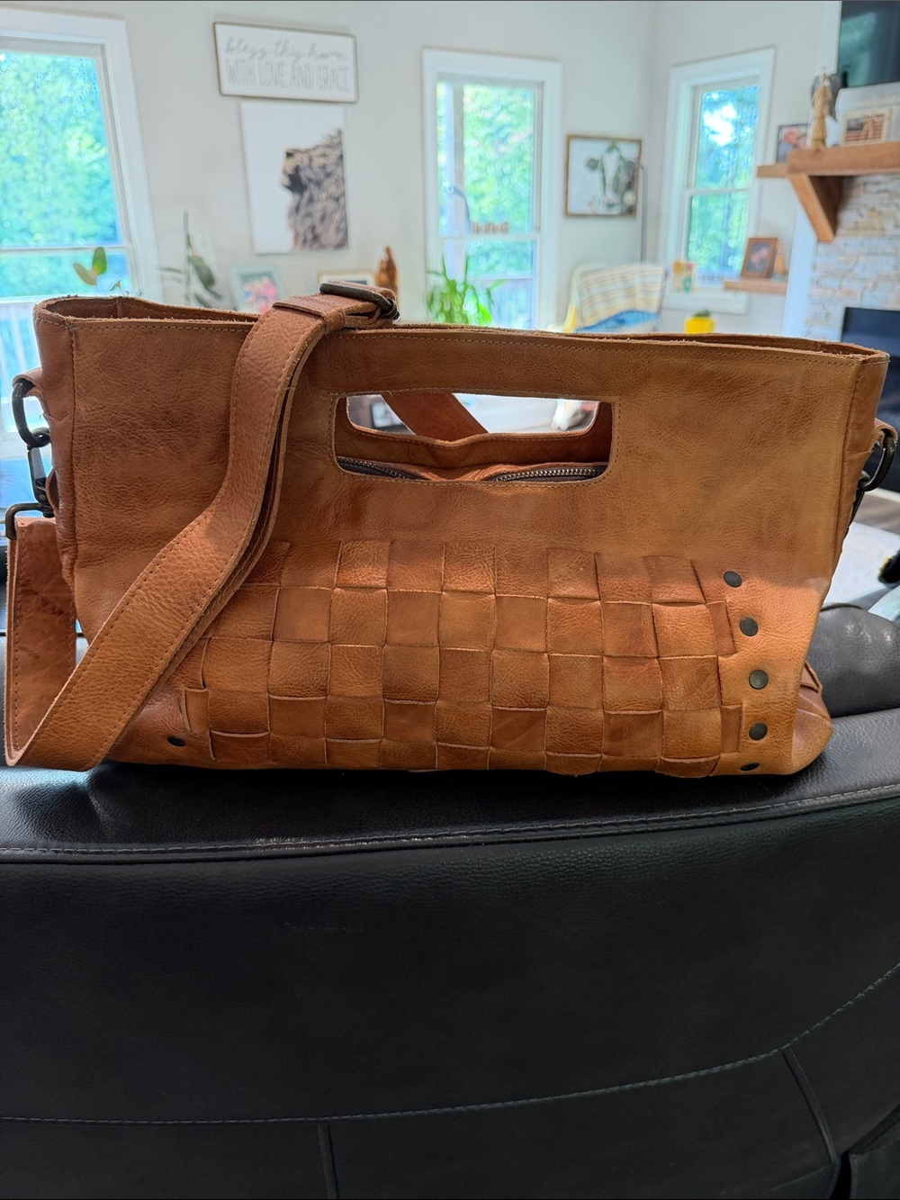 Bed Stu Cognac Woven Leather Keiki Shoulder Bag
